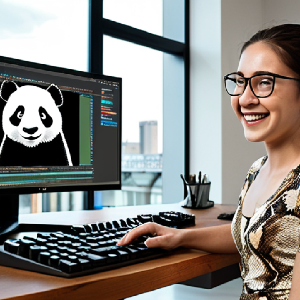 **Python Data Analysis**: A data scientist happily coding in Python with a Scikit-learn model visualized in the background, showcasing Pandas DataFrames. Focus on a vibrant, modern workspace.