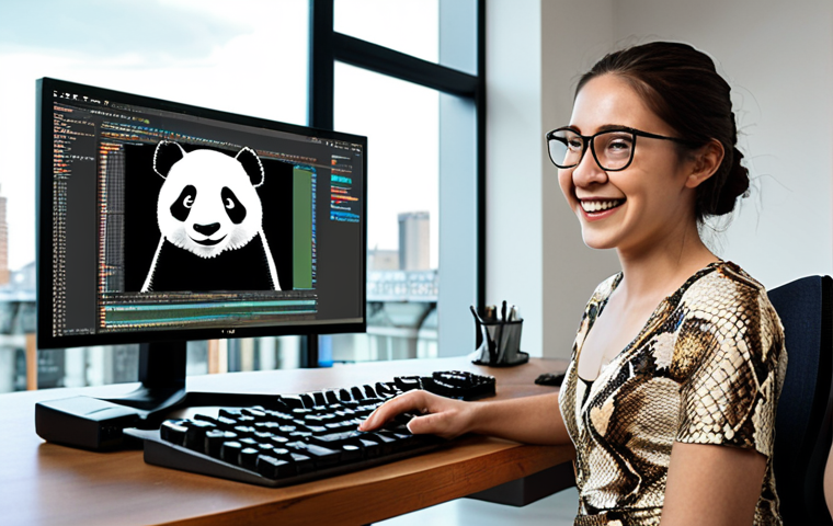 **Python Data Analysis**: A data scientist happily coding in Python with a Scikit-learn model visualized in the background, showcasing Pandas DataFrames. Focus on a vibrant, modern workspace.