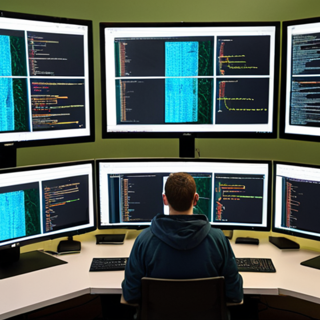**Data analyst using Python, surrounded by code on multiple screens, focused and determined.  Libraries like NumPy and Pandas visible on the screens.**