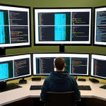 **Data analyst using Python, surrounded by code on multiple screens, focused and determined.  Libraries like NumPy and Pandas visible on the screens.**