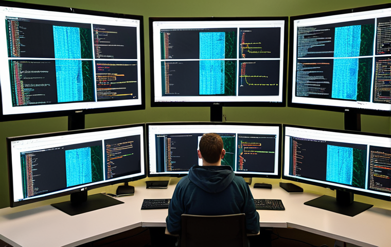 **Data analyst using Python, surrounded by code on multiple screens, focused and determined.  Libraries like NumPy and Pandas visible on the screens.**