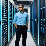 A professional data engineer, wearing a modest business casual shirt and dark trousers, stands thoughtfully in a clean, modern data center. The engineer is observing a complex holographic projection displaying interconnected data pipelines and distributed network nodes, with streams of glowing data packets flowing across the interface. The background features rows of sleek server racks with soft, ambient lighting. The pose is natural and contemplative. fully clothed, appropriate attire, safe for work, perfect anatomy, correct proportions, professional dress, well-formed hands, proper finger count, natural body proportions, professional photography, high quality, appropriate content, family-friendly.