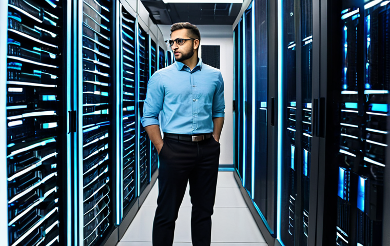 A professional data engineer, wearing a modest business casual shirt and dark trousers, stands thoughtfully in a clean, modern data center. The engineer is observing a complex holographic projection displaying interconnected data pipelines and distributed network nodes, with streams of glowing data packets flowing across the interface. The background features rows of sleek server racks with soft, ambient lighting. The pose is natural and contemplative. fully clothed, appropriate attire, safe for work, perfect anatomy, correct proportions, professional dress, well-formed hands, proper finger count, natural body proportions, professional photography, high quality, appropriate content, family-friendly.