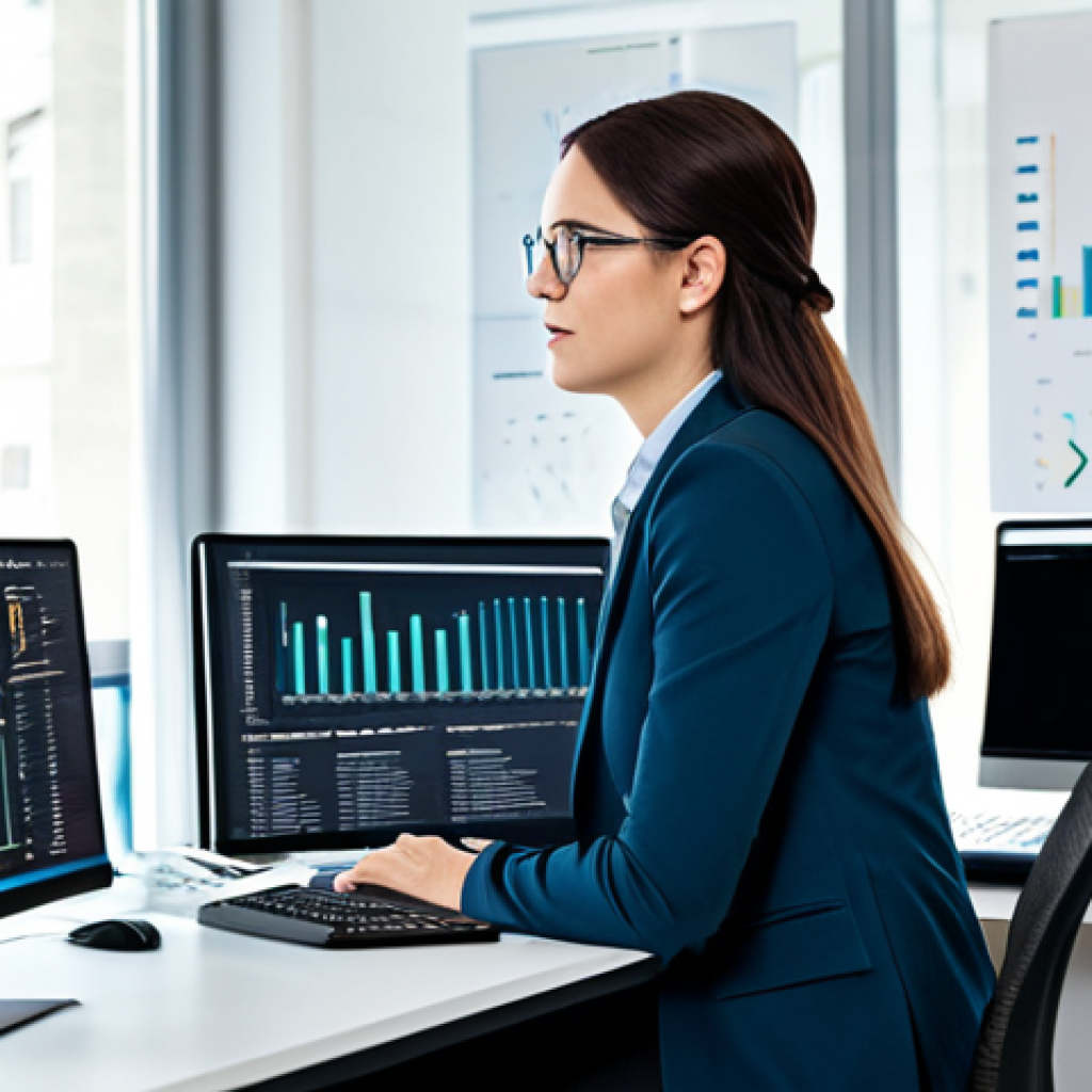**

"A professional data scientist in a modern, well-lit office, sitting at a desk with multiple monitors displaying data visualizations. She is fully clothed in a modest business outfit, perhaps a blazer and slacks. The background shows colleagues collaborating in a team meeting. The overall feel is collaborative and focused on data analysis. Safe for work, appropriate content, perfect anatomy, natural proportions, professional, family-friendly."

**