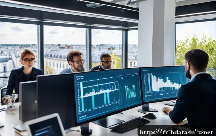빅데이터 기술자와 데이터 자동화 사례 - A modern data scientist office scene in a French tech company, showing a diverse group of profession...