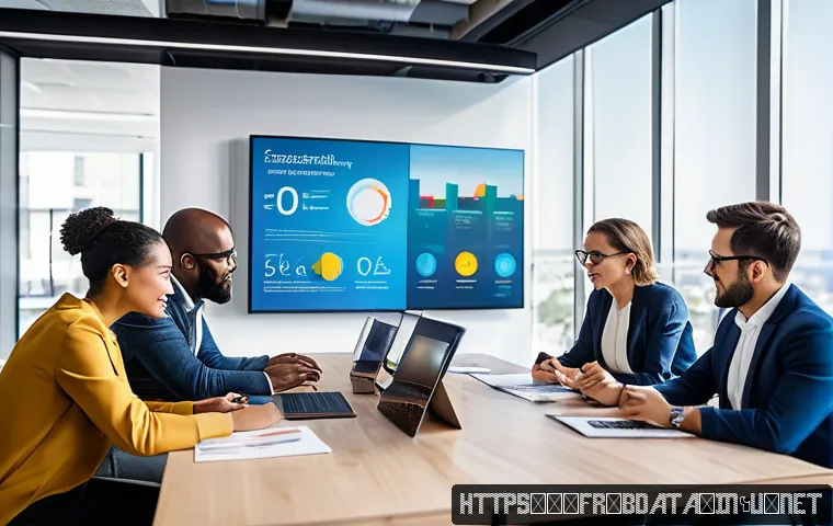 빅데이터 기술자와 팀 관리 스킬 - A modern office scene showing a diverse team of data professionals collaborating around a large touc...