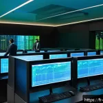 빅데이터 기술자의 커리어 패스 설계 - A modern data center room filled with racks of servers glowing with blue and green LED lights, showc...