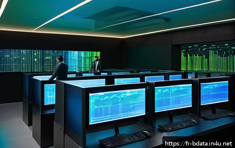 빅데이터 기술자의 커리어 패스 설계 - A modern data center room filled with racks of servers glowing with blue and green LED lights, showc...