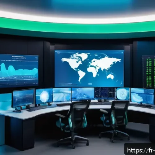 빅데이터 프로젝트에서의 클라우드 활용 사례 - A futuristic data center control room showcasing a large, curved digital dashboard displaying real-t...