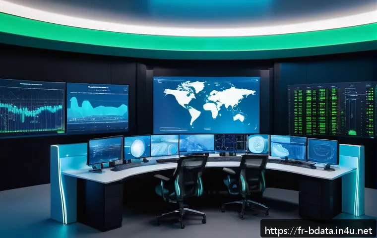 빅데이터 프로젝트에서의 클라우드 활용 사례 - A futuristic data center control room showcasing a large, curved digital dashboard displaying real-t...