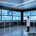 빅데이터 기술자의 도전적인 프로젝트 사례 - A futuristic hospital scene in Paris showing a diverse group of doctors and patients interacting wit...