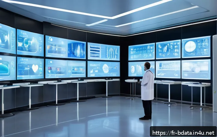 빅데이터 기술자의 도전적인 프로젝트 사례 - A futuristic hospital scene in Paris showing a diverse group of doctors and patients interacting wit...