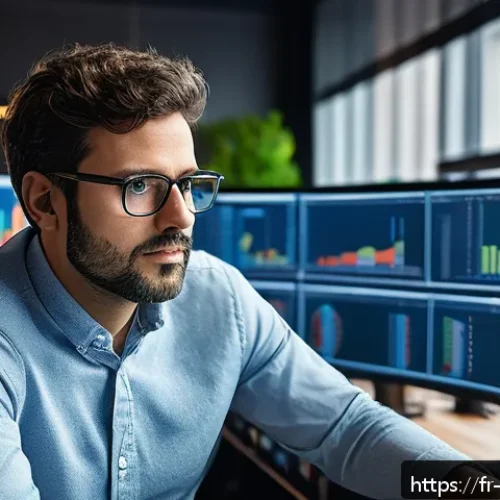 빅데이터 기술자의 데이터 분석 커리어 조언 - A professional data scientist working in a modern Parisian office environment, surrounded by multipl...