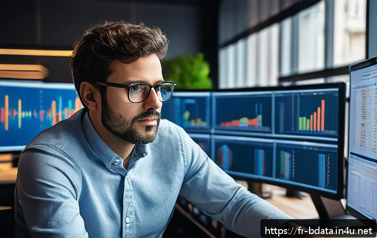 빅데이터 기술자의 데이터 분석 커리어 조언 - A professional data scientist working in a modern Parisian office environment, surrounded by multipl...