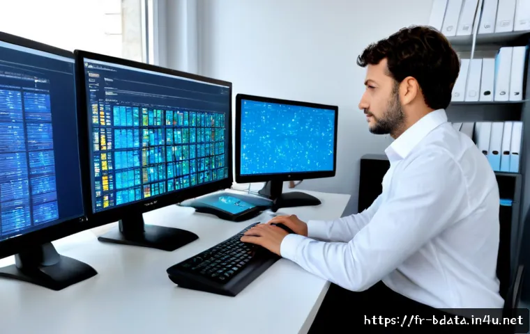Home 17 빅데이터 기술자와 데이터 포렌식 - Photorealistic modern data forensics laboratory in France, a focused big data specialist wearing sma...