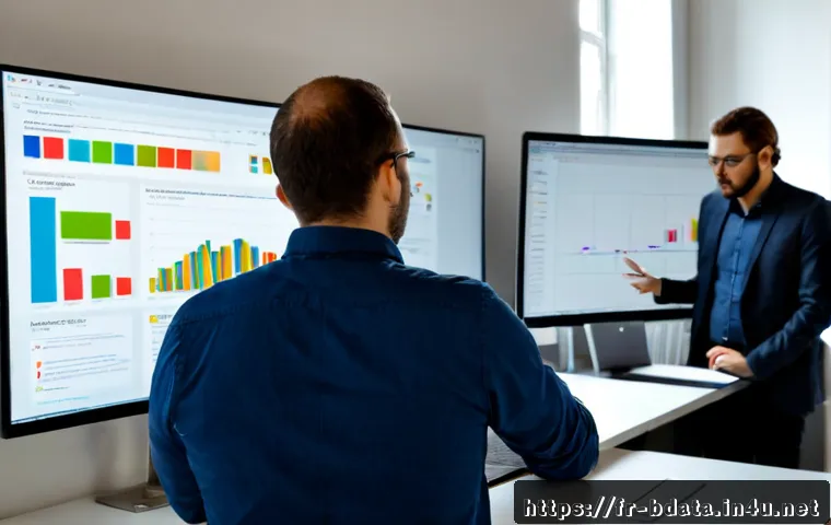 빅데이터 기술자와 소프트웨어 설계 - Photorealistic French big data engineer in a modern Paris office, analyzing colorful abstract data v...